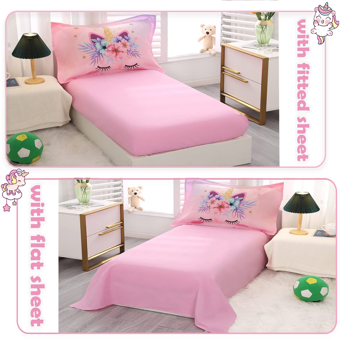KINBEDY Toddler Bedding Set 4 Piece Pink Unicorn Crib Bedding Set for Girls Soft Cute Floral Toddler Bed Sheets Comforter Set Baby Bedroom Set, Include Comforter, Flat Sheet, Fitted Sheet, Pillowcase