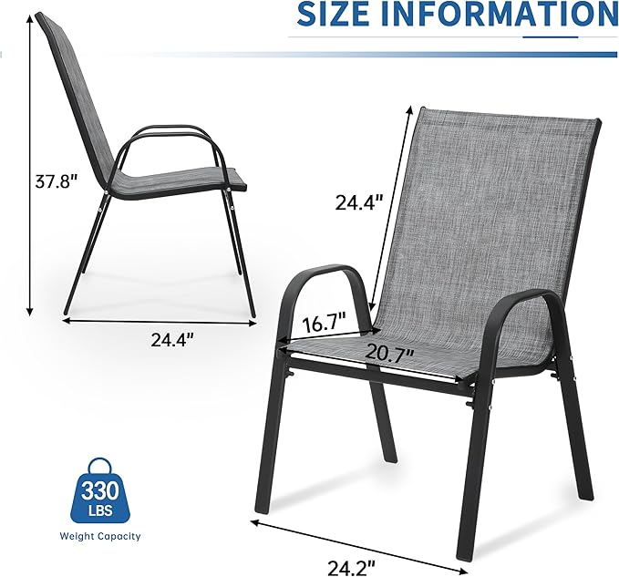 PIZZELLO Patio Chairs Set of 8 - Outdoor Stackable Dining Chairs for All Weather - Lightweight Textilene Outdoor Chair Sets with Armrests - 330Lbs Capacity - for Backyard Garden Porch Poolside (Grey)