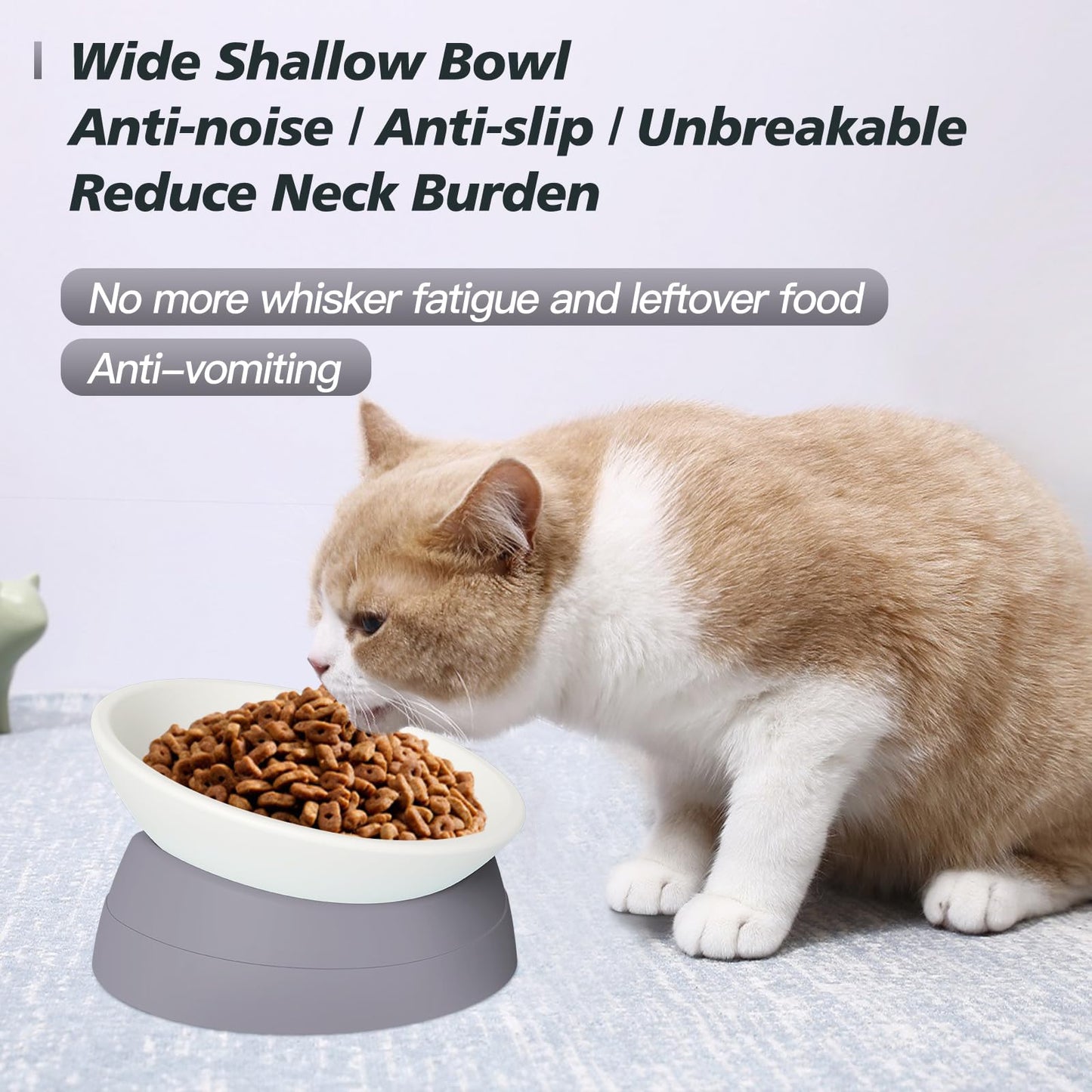 Hi, Ravitat Elevated Cat Bowl, Adjustable Raised Slanted Food Bowl for Cats and Small Dogs, Wide Shallow PP Dish with TPR Non Slip Base, Whisker Friendly, 17 oz