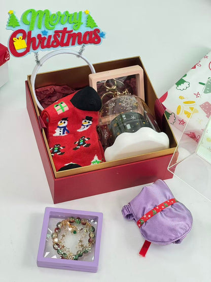 YUNNUOLI Charming Christmas Gift Set – Cozy Holiday Glass, Festive Santa Socks, Elegant Christmas Bracelet & Premium Hollow Packaging – Perfect Holiday Gift for Women, Friends & Family