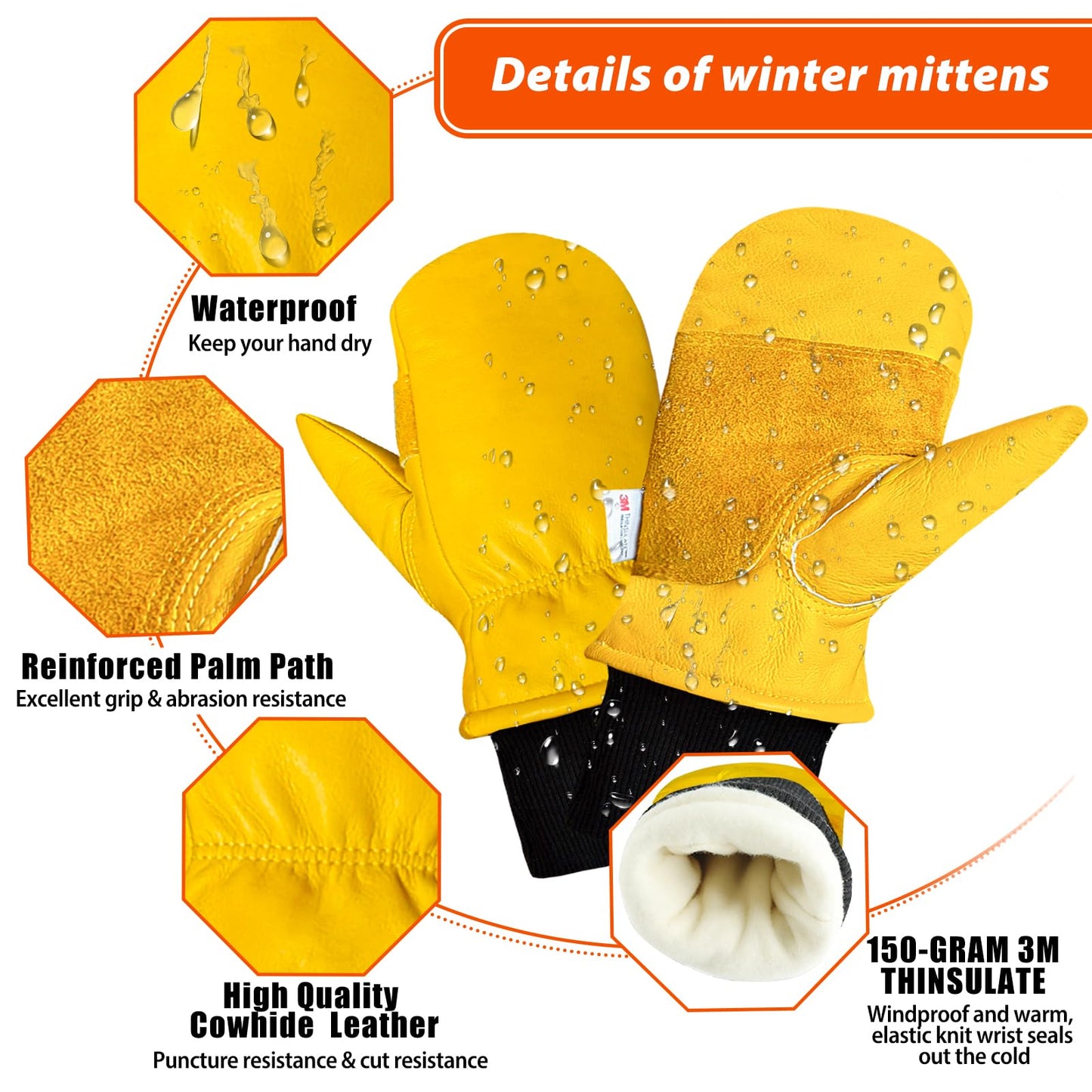 DLY Winter Work Gloves,Leather Winter Work Gloves for Men and Women,Waterproof Winter Gloves with Waterproof Membrane,Warm Working Gloves for Construction, Equipment Operation, Driving, Road Machinery