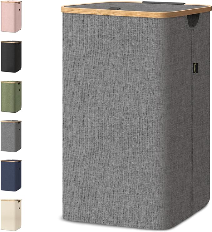 BALEINE Laundry Hamper with Lid, Tall Laundry Baskets with Bamboo Pull Handles