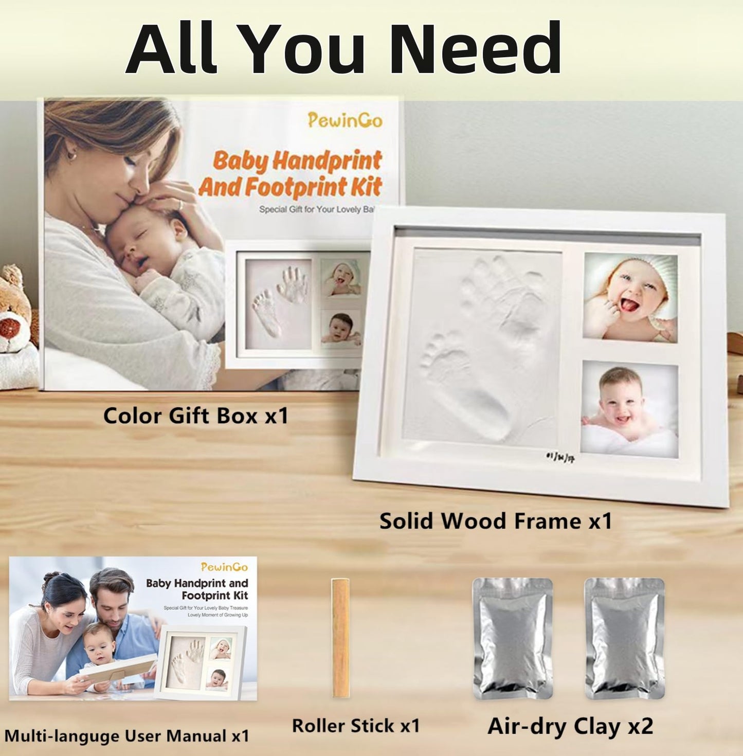 PewinGo Footprint & Handprint Clay Kit, Baby Photo Frame Kit for Newborn Baby Girls and Boys, Baby Shower Gifts,Baby Registry, New Parents Gift, Perfect Baby Memory and Nursery Room Decoration-WHITE