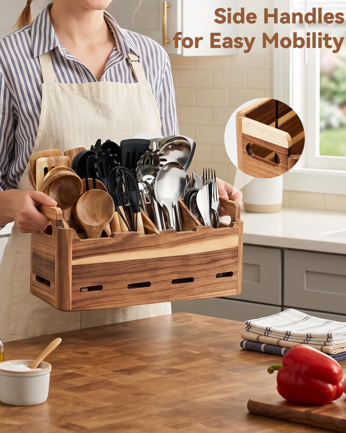 YEZHEXI Acacia Wood Utensil Holder for Kitchen Counter, 4-Compartment Large Kitchen Utensil Organizer, Wood Utensils Organizer for Cooking Tools and Silverware, Farmhouse Kitchen Decor