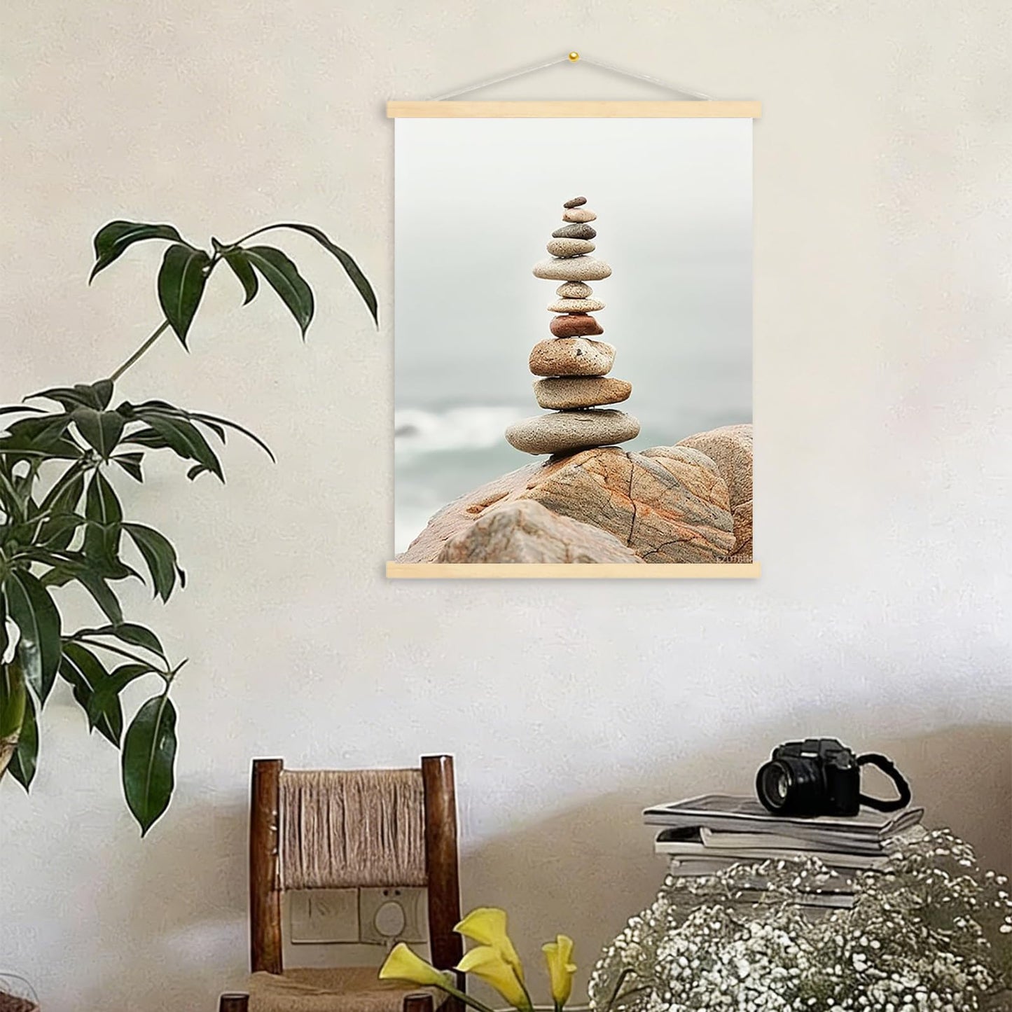FZDTBHI Tall Zen Rock Stack Wall Art Minimalist Coastal Canvas Poster with Balanced Stones and Misty Horizon for Meditation Focus or Yoga Studio Decor 12x16inch Framed