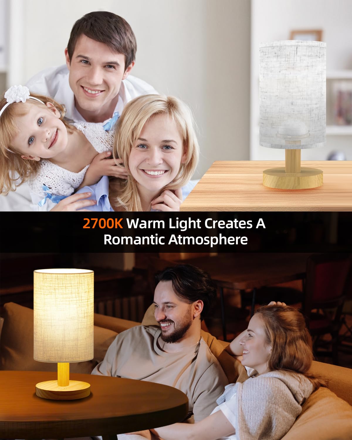 pickrelax Small Touch Table Lamp for Bedroom, Bedside Lamp for Warm Light LED Desk Lamp, Wood Base Round Flaxen Fabric Shade for Kids Room, Living Room, College Dorm, Home, Office