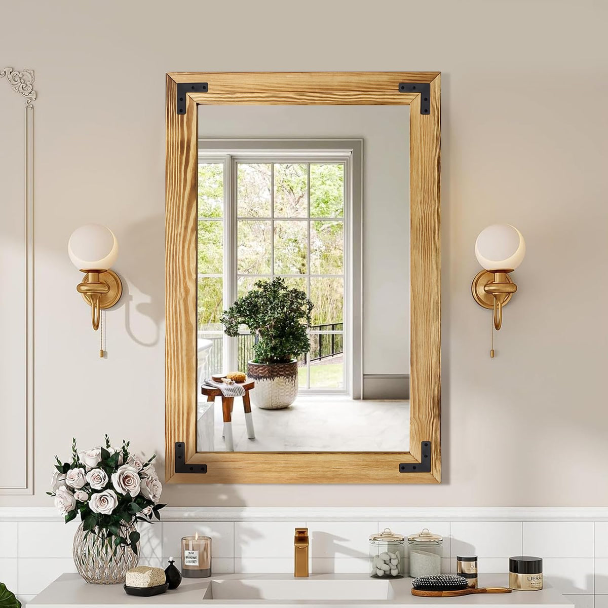 YNCLCS 36"×24" Rustic Wood Frame Mirror for Wall, Natural Bathroom Wooden Vanity Mirror, Solid Wood Frame, Vertical or Horizontal Hanging, Suit for Farmhouse, Living Room, Bedroom (Light Brown)