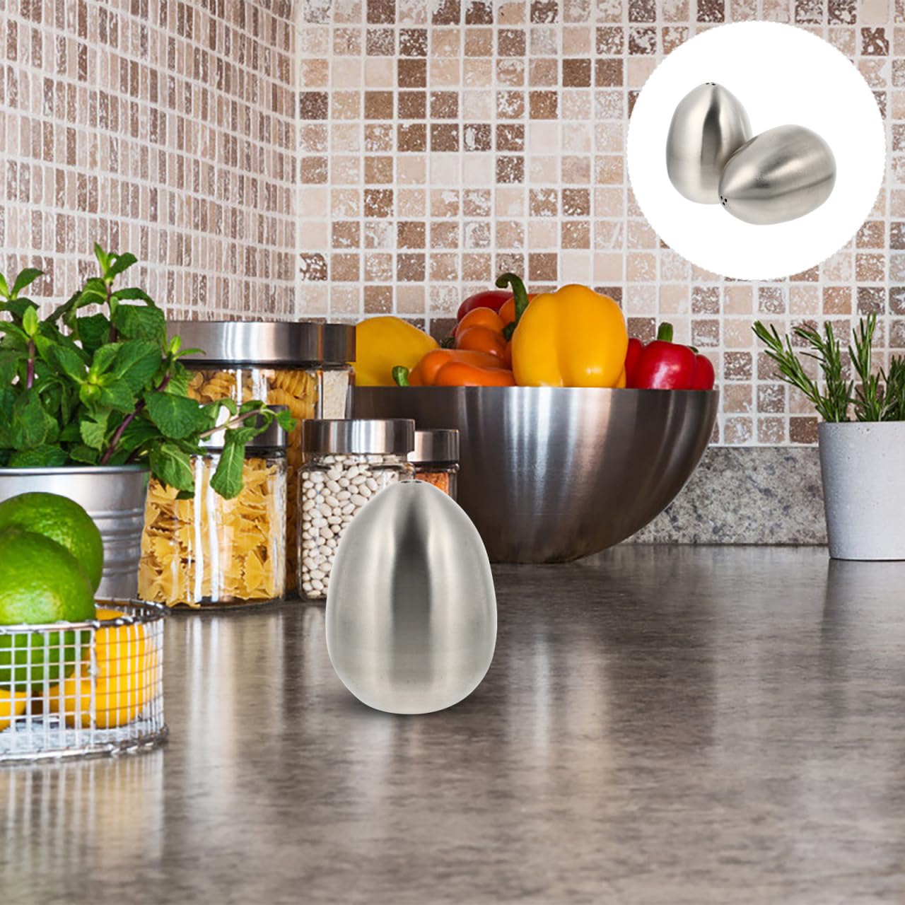 Hemoton 2-Piece Egg-Shaped Stainless Steel Spice Jars with 3-Hole Lids Salt and Pepper Shakers for Kitchen Dining and Bbq Seasoning