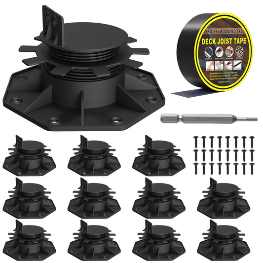 Deckit 12-Pack Adjustable Deck Support Pedestals, 1.18"–2.36" (30–60 mm), for 2×4 & 2×6 Joist Framing, Ground Support & Leveling for Patio, Shed Base & Floating Deck, Includes Joist Tape
