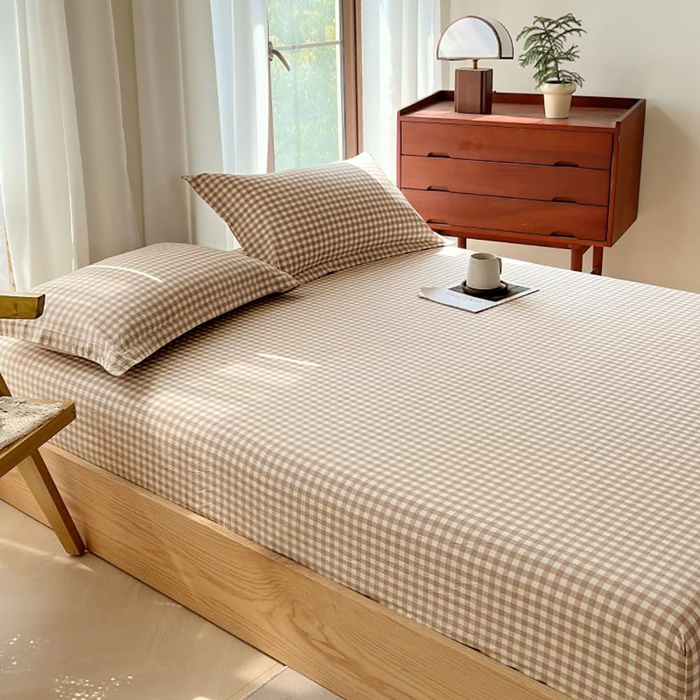 Tan Gingham Fitted Sheet Queen 100% Washed Cotton Taupe Plaid Queen Bed Sheet Grid Single Bottom Sheet with 15" Deep Pocket Gingham Bedding Grid Sheet 1 Piece Cotton Breathable Mattress Cover
