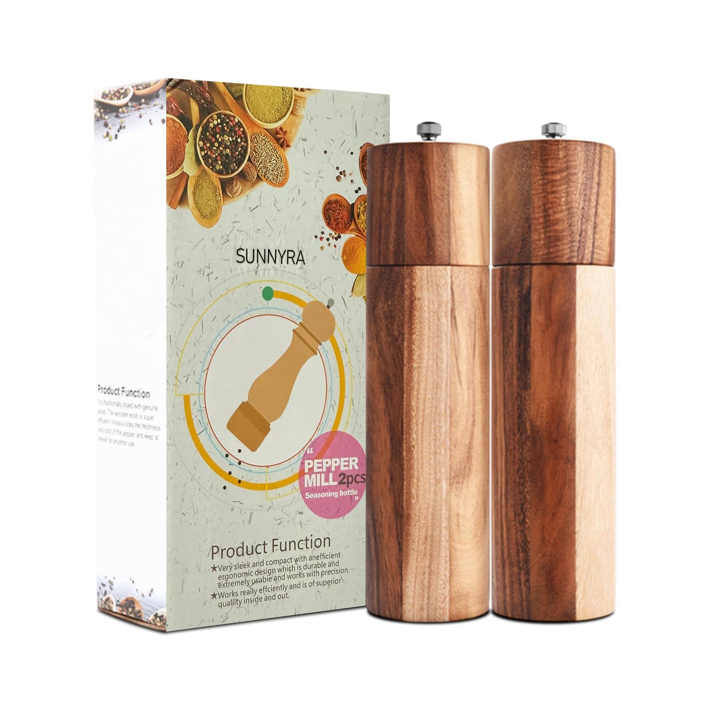 Sunnyra Wooden Salt and Pepper Grinder Mill Set – Manual Adjustable Wood Peppermill Shakers for Salt and Black Pepper, Premium Wooden Mills for Kitchen.