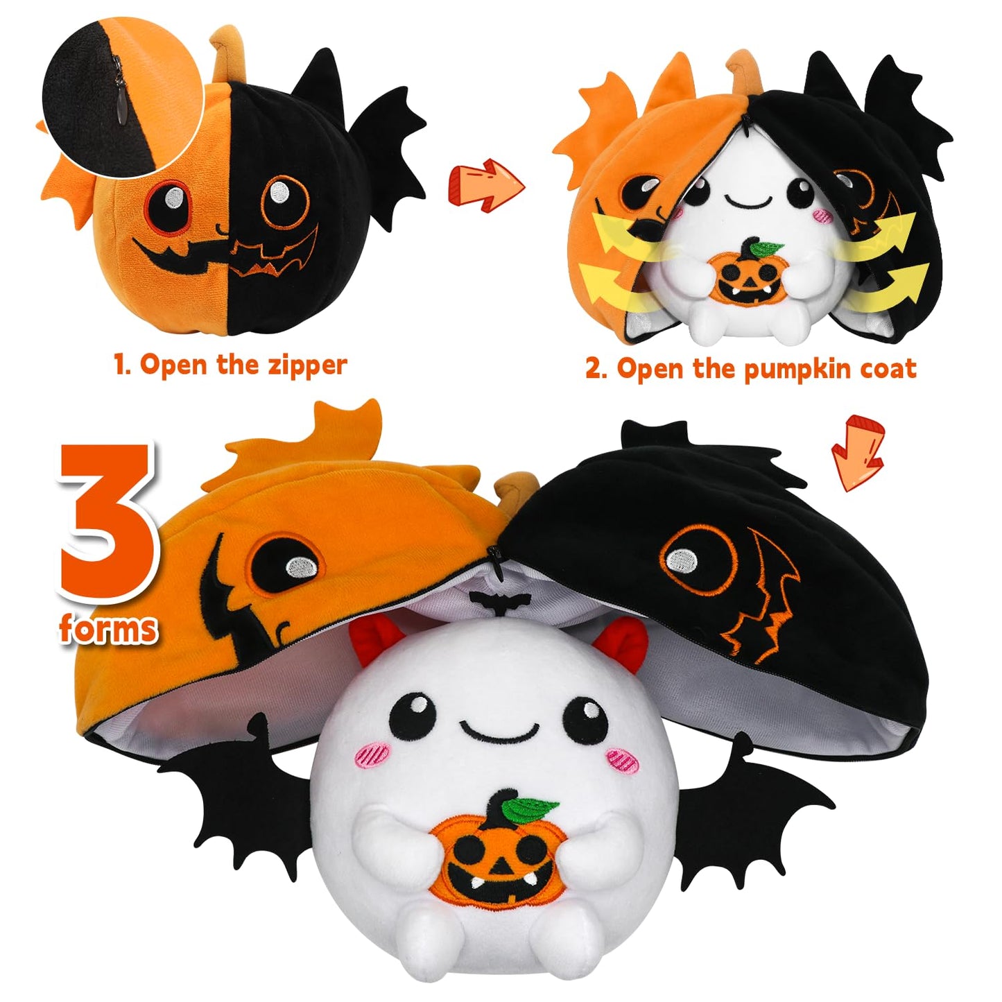 CAIYUEGG Halloween Stuffed Animal Reversible Bat Ghost Plush, Transformed Pumpkin Plush Zipper, Bat Ghost Stuffed Animal Cute Plushie Birthday Gift for Boys Girls Kids