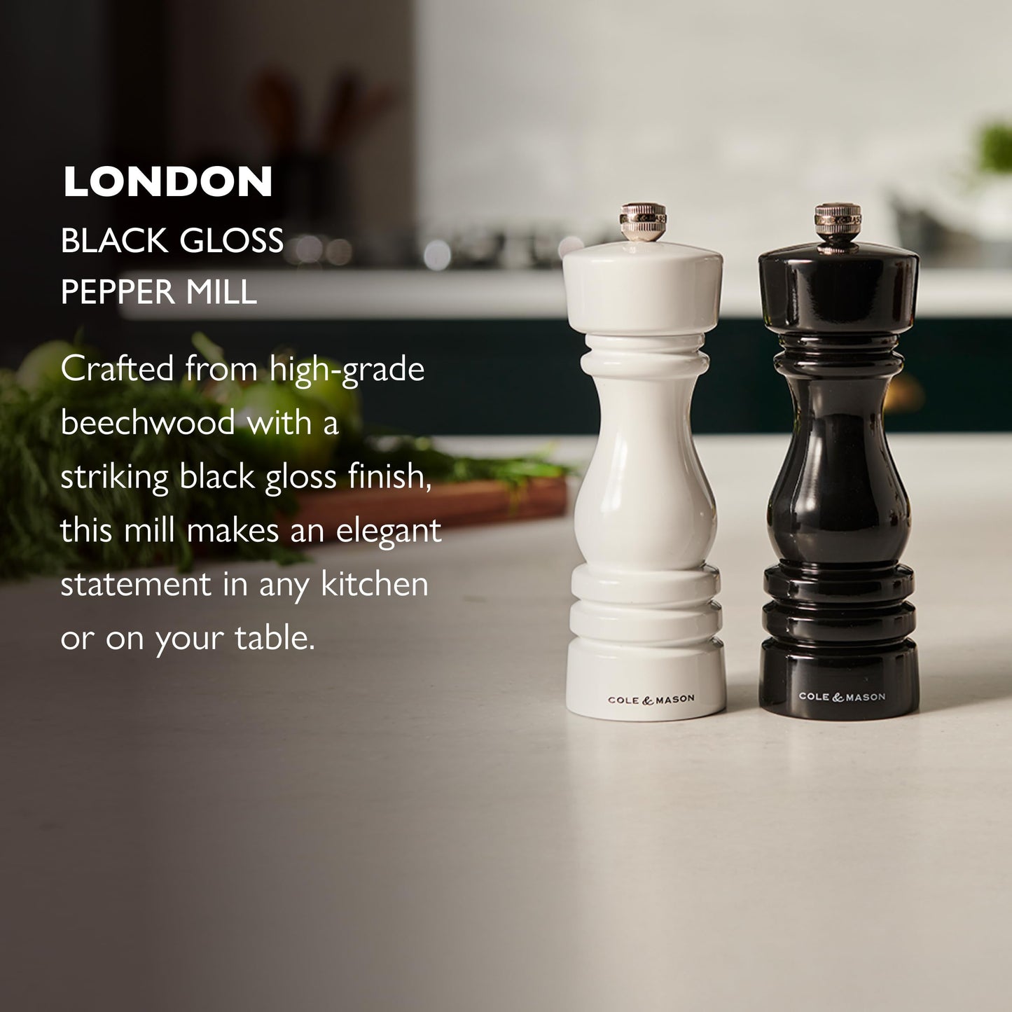 Cole & Mason London Refillable Spice Mill - Kitchen & Home Accessory - Table Black Pepper Grinder - Pepper Mill with Carbon Steel Mechanism - 7", Black Gloss