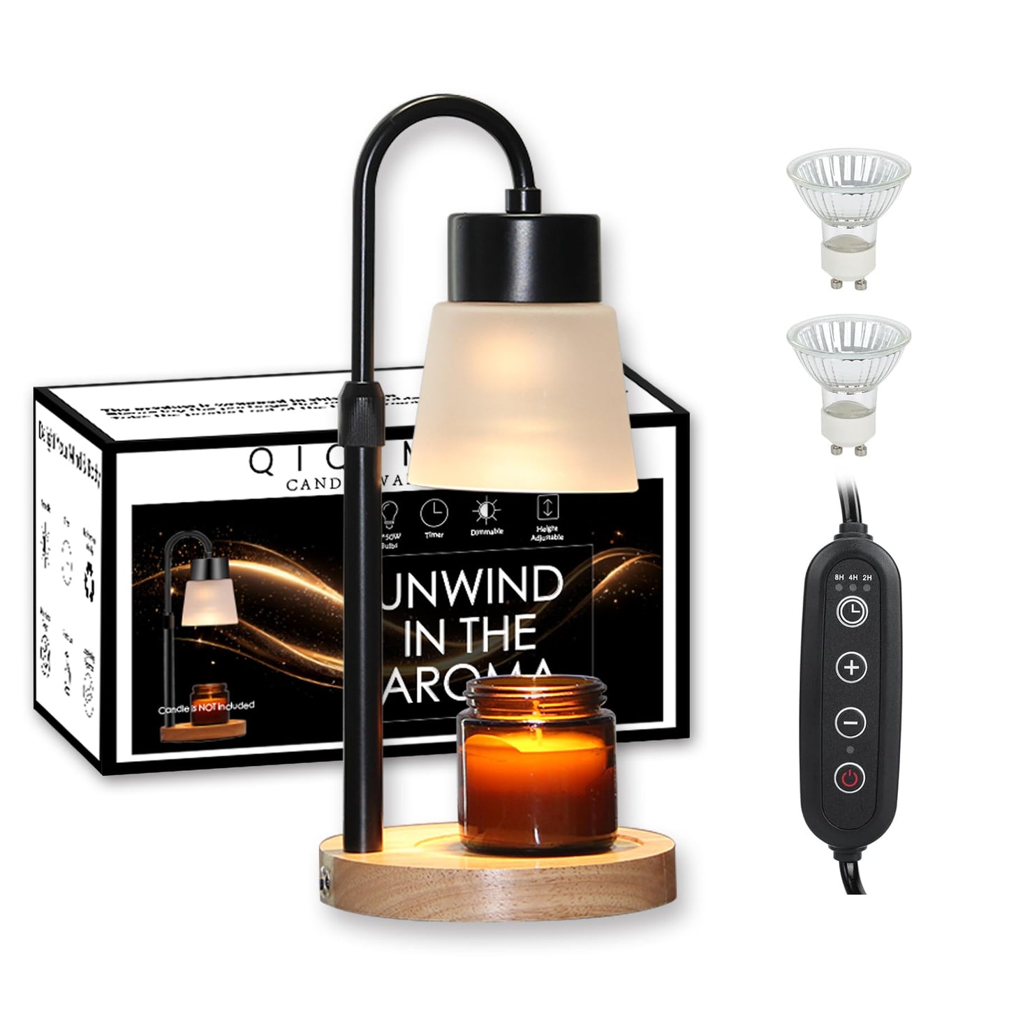 Candle Warmer Lamp Essential Oil Diffuser, Adjustable Height Dimmable Candle Warmer with Timer for Bedroom Living Room Home Decor, Christmas Birthday Gifts for Women, Black with 2 Bulbs