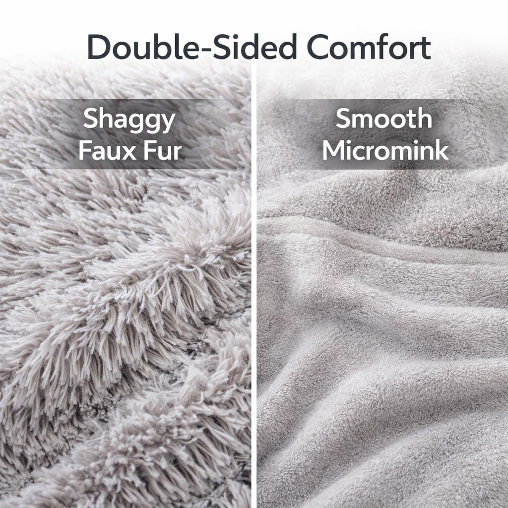 Shaggy Faux Fur Throw Blanket 60" x 70" – Ultra Soft Fluffy Plush Blanket, Double-Sided Cozy Micromink, Lightweight Warm Blanket for Couch, Bed, Sofa, Machine Washable (Grey)