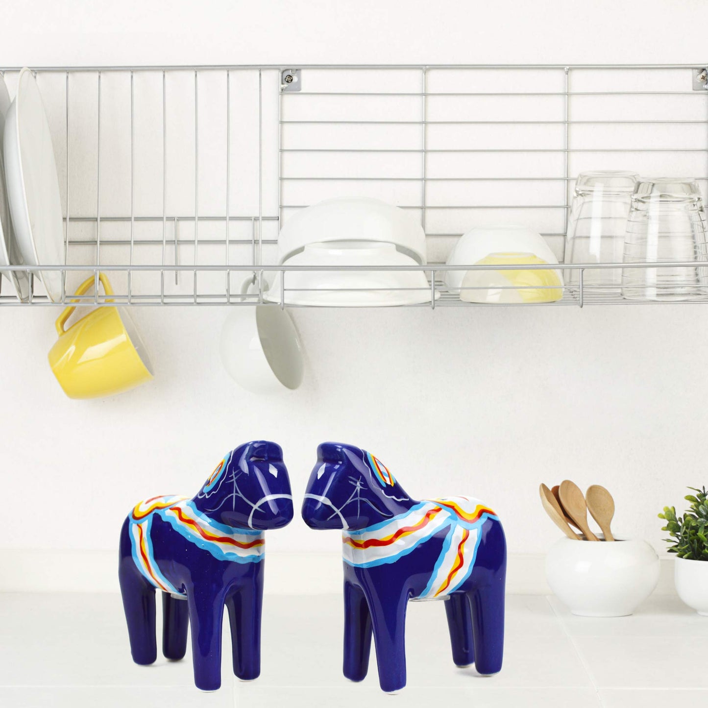 ScandinavianGiftOutlet - Salt and Pepper Shakers - 3.25" Ceramic Dala Horse - Blue Swedish Theme - Kitchen Accessories - Scandinavian Home Decor Novelty Salt & Pepper Set