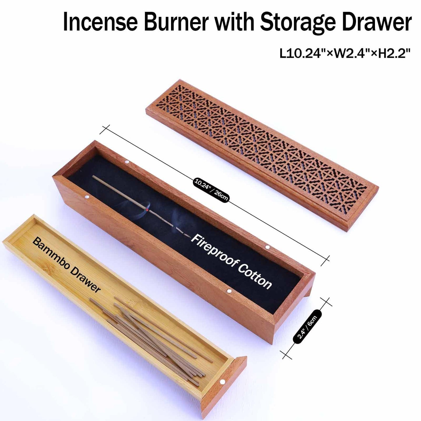 Wooden Incense Burner with Storage Drawer and Magnetic Switch,Insence-Stick Holder Ash Catcher for Meditation/Yoga Room/Bedroom/studyroom/Office