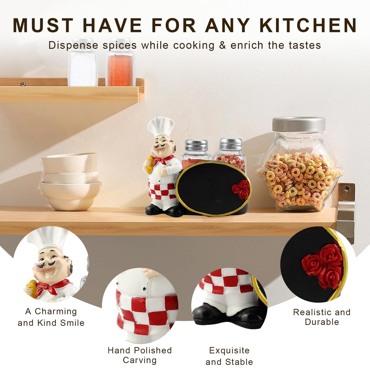 Chef Salt and Pepper Shaker Set with Chalkboard Holder, Cute Kitchen Seasoning Dispenser, Glass Salt Pepper Shakers for Dining Table, Kitchen Counter Decor, Restaurant Style Spice Set