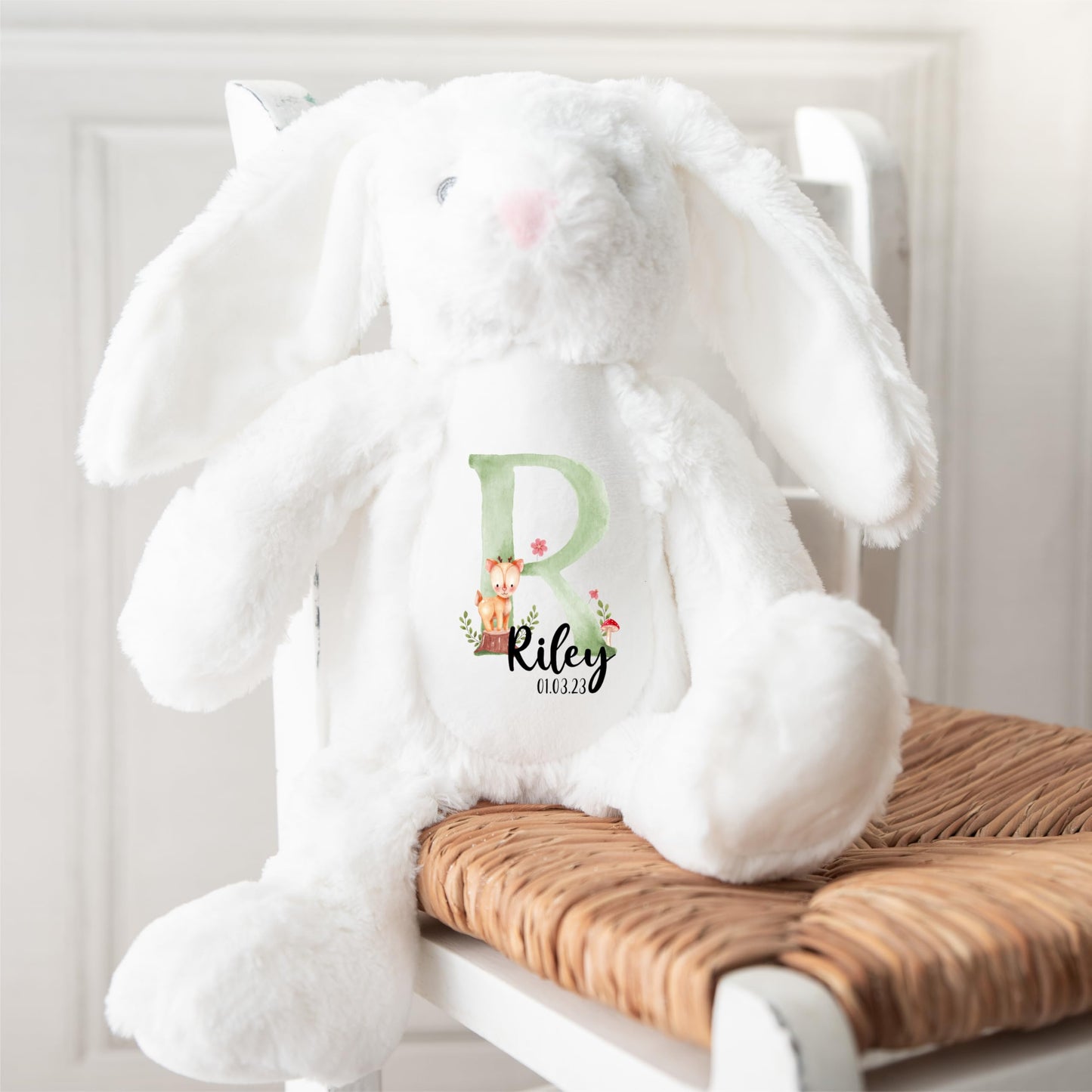 Crafted Memories - Personalised Teddy | Velveteen Bunny Soft Toy | Customisable Name for Newborns | Keepsake for Boys & Girls | Baby Shower Item | Green Initial | Grey or White, 20-23cm