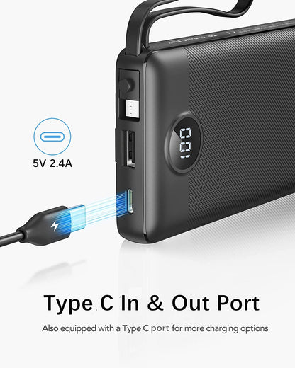 VRURC Power Bank 10000mAh With Built in Cables,USB C Battery Pack Portable Charger with 5 Outputs 2 Inputs Powerbank LED Display compatible with iPhone 16 15 14 Samsung S21 S20 Xiaomi