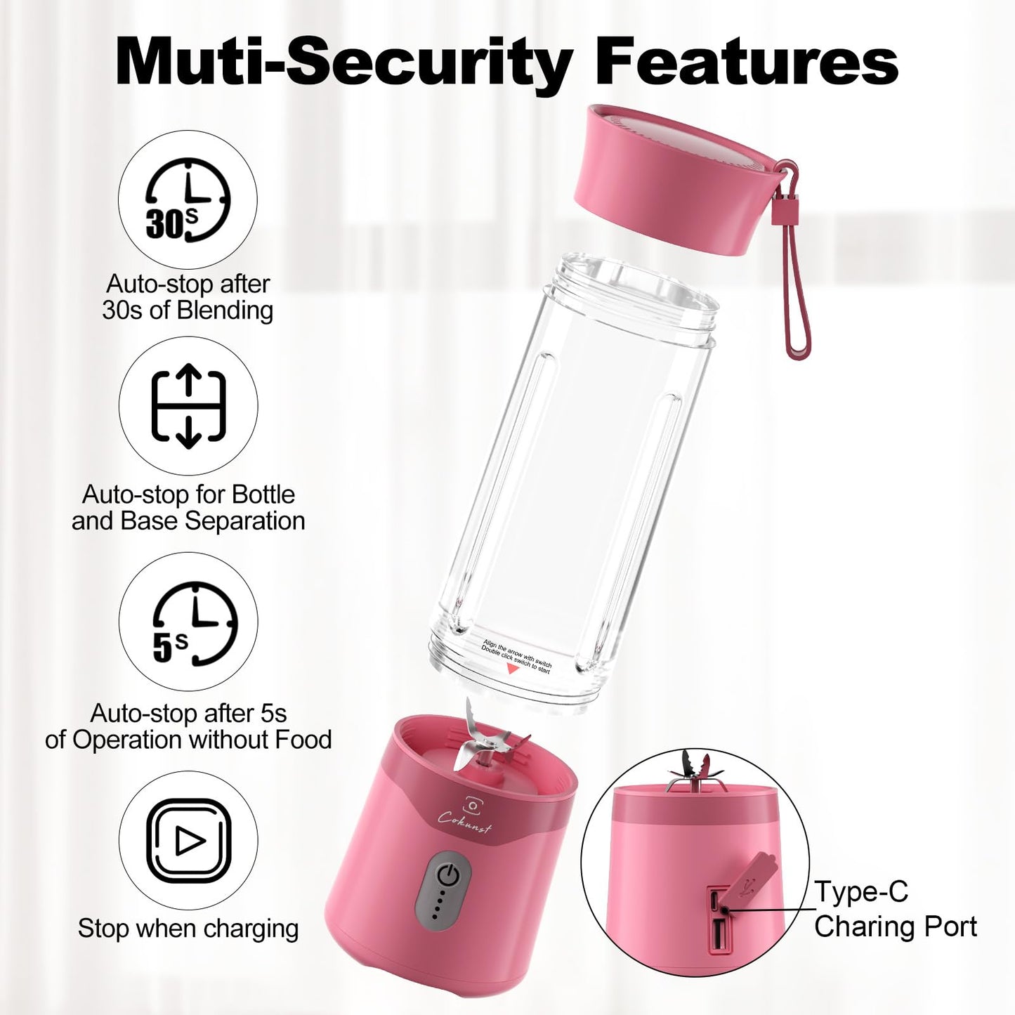 COKUNST 18oz Portable Blender, USB Rechargeable Personal Size Blenders, Smoothie Blender with 6 Blades for Protein & Shakes, Mini juicer with Extra Handle Lid for Travel Sports Outgoing