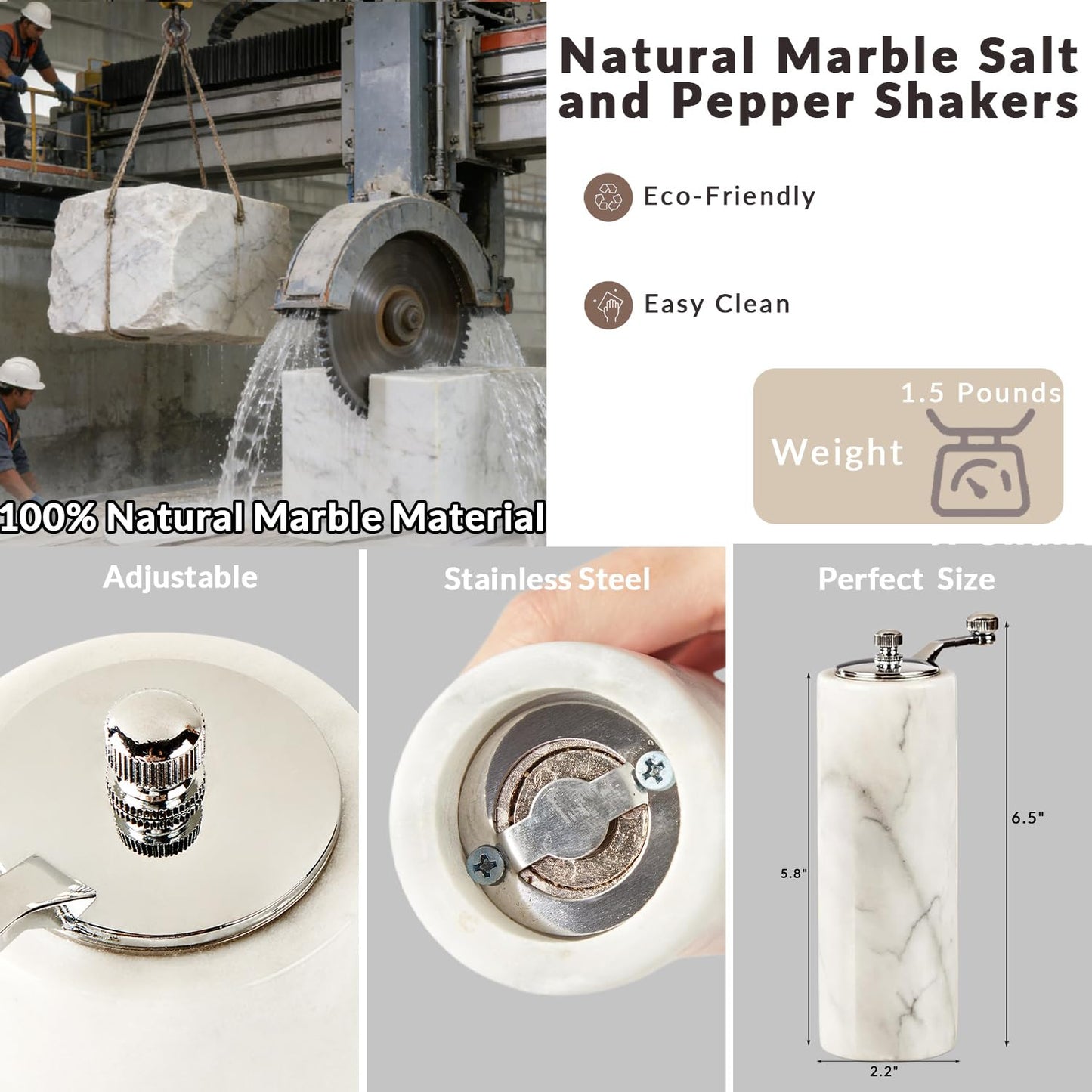White Marble Salt and Pepper Shakers Adjustable Stone Grind Pepper Mill with Grey Veining and Stainless Steel,Rustic Salt and Pepper Set Holder Table Decor Marble Kitchen Supplies Modern Decor