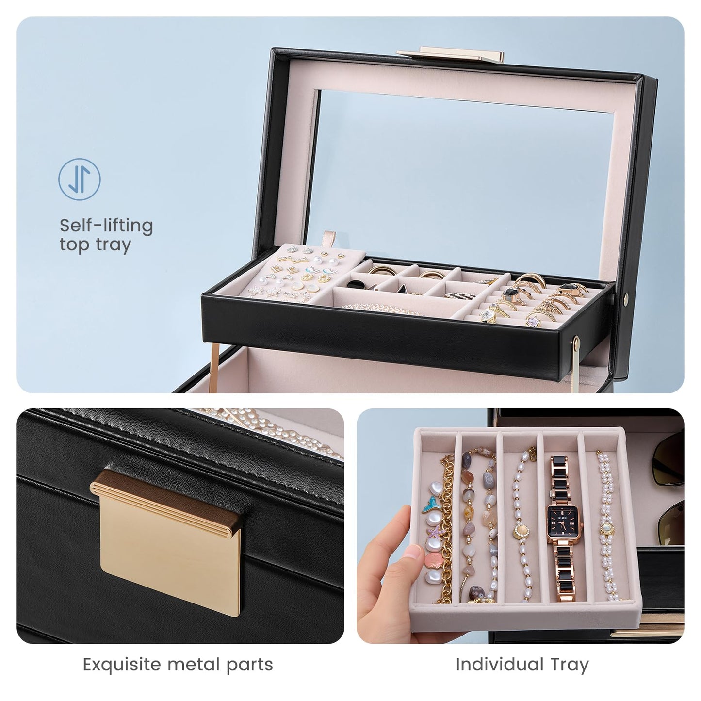 Lolalet Jewelry Box, Clear Window Jewelry Organizer with Drawer for Earrings Bracelets Necklaces Rings, Jewelry Storage for Women -Black, 4 Layers