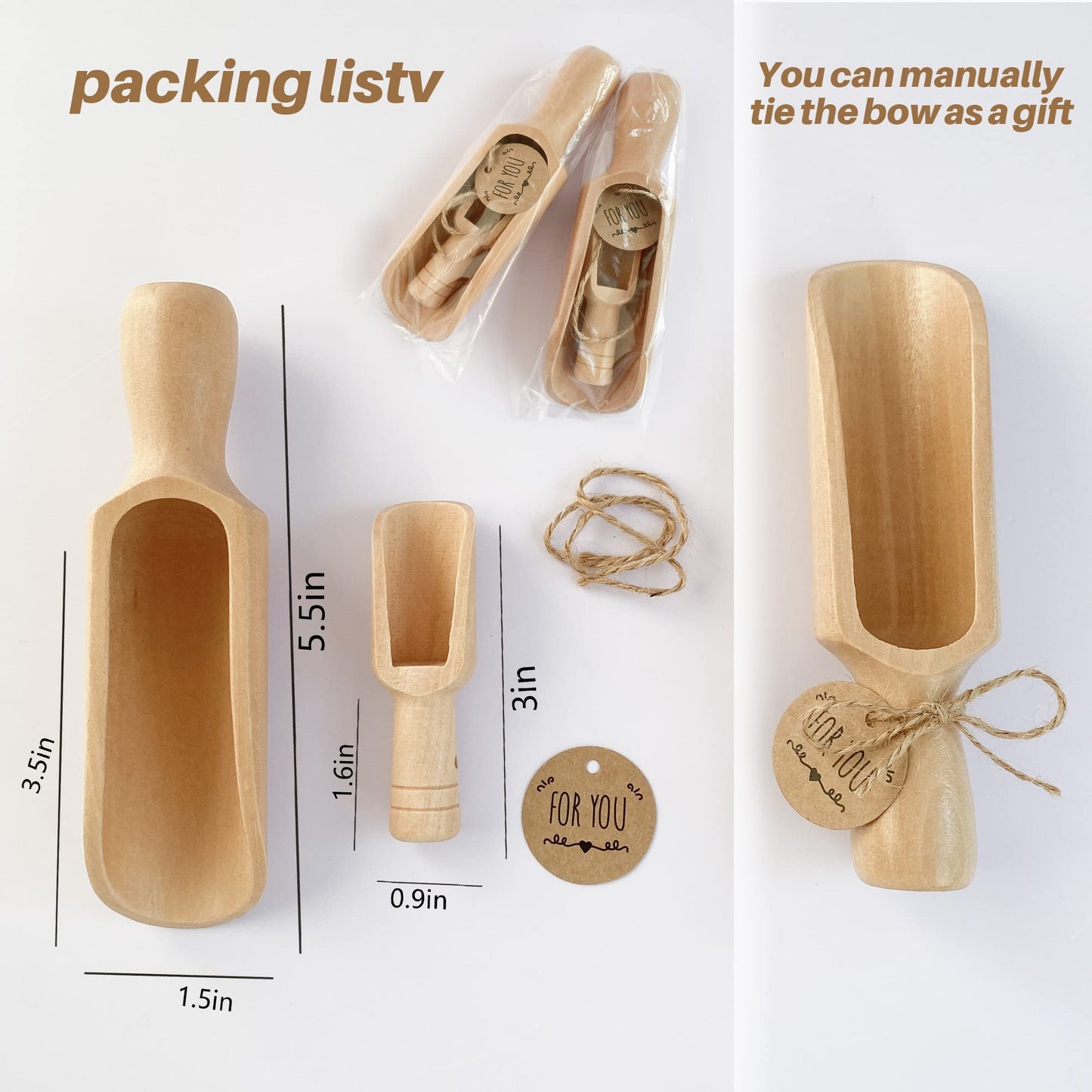 Wooden Scoop (5.5"+3") 2Standard 2Mini bath salt scoop Natural Beech Wood Scoop for Flour, Bath Salt, Sugar, Cereal, Coffee and More - Multipurpose Wooden Spoon