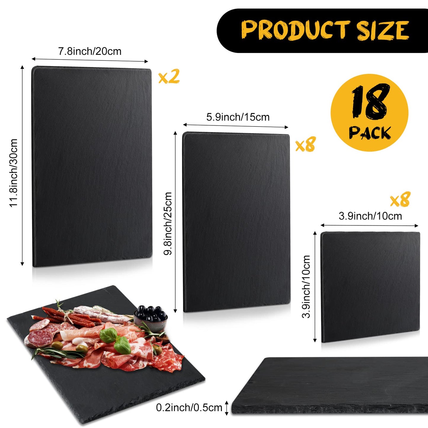 Didaey Set of 18 Slate Boards Black Slate Board Cheese Board Serving Stone Plates Sushi Cheese Tray Individual Platter for Christmas Chalkboard Cutting Food Cake Fruit Meat(Square)