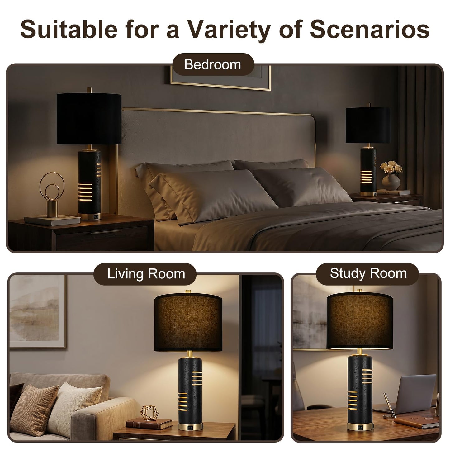 KIVDITZO 27.5" Faux Stone Table Lamps Set of 2, Farmhouse Table Lamps for Living Room with Night Light & USB A+C Ports, Black Lamps with Faux Silk Shade for Bedroom Nightstand Office (Bulb Included)