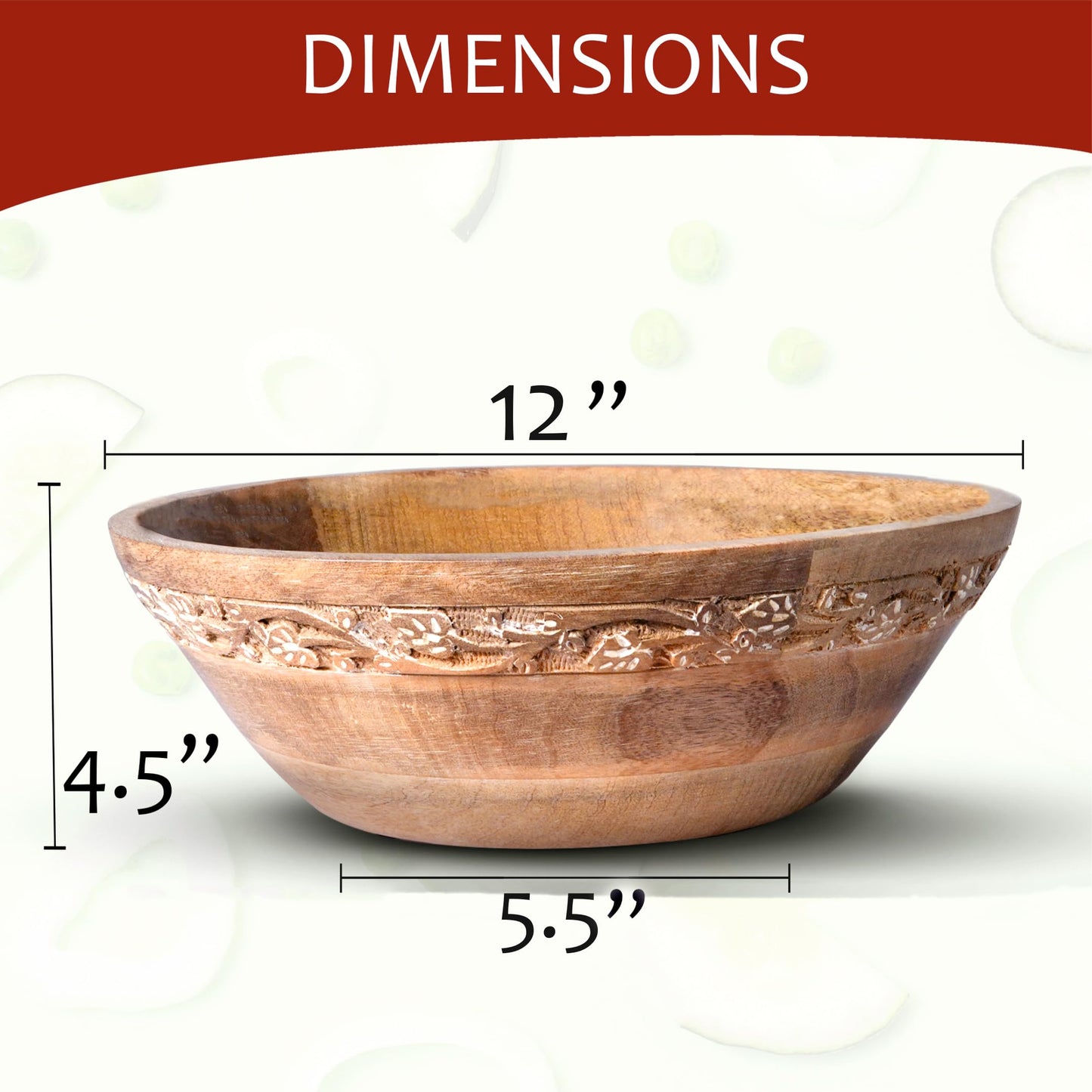 Mela Artisans 12 in Wide x 4.5 in Tall Jasmine Mango Wood Bowl – Hand-Carved Decorative Serving and Fruit Bowl with Whitewash Finish for Kitchen Counter, Salad, Bread and Home Decor