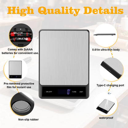 Food Digital Scale 33lb Kitchen Digital Scale Grams and Ounces for Weight Loss Baking Cooking Keto and Meal Prep Backlight LCD Smart Tare USB Rechargeable Waterproof 304 Stainless Steel