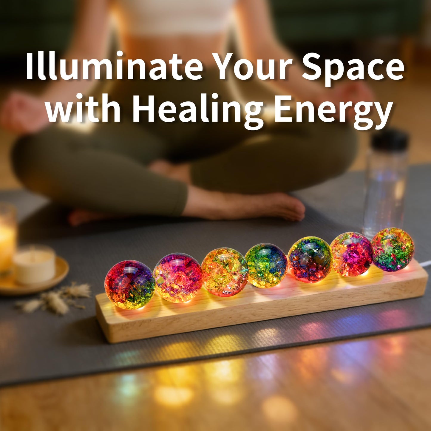 7 Chakra Crackle Crystal Ball with LED Wooden Stand, 1.6" Healing Spheres for Spiritual Decor Reiki Energy Balance, 3D Crystal Ball Night Light Gifts for Women