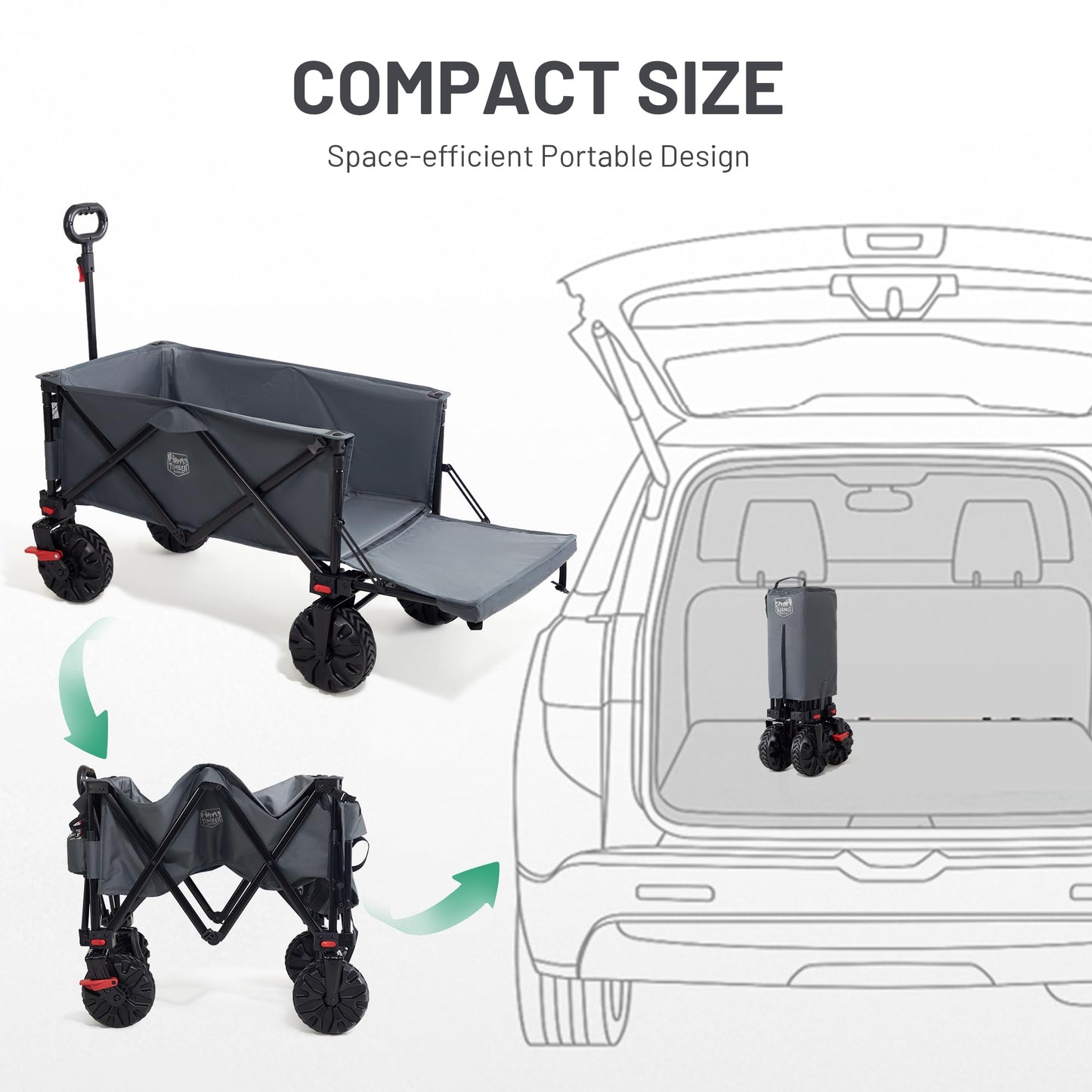 TIMBER RIDGE Festival Trolley 300L with Brakes, Folding Beach Trolley Cart with Tailgate, 135kg Collapsible Wagon Detachable Wide Wheels & Adjustable Handle for Outdoor Camping Garden, Grey
