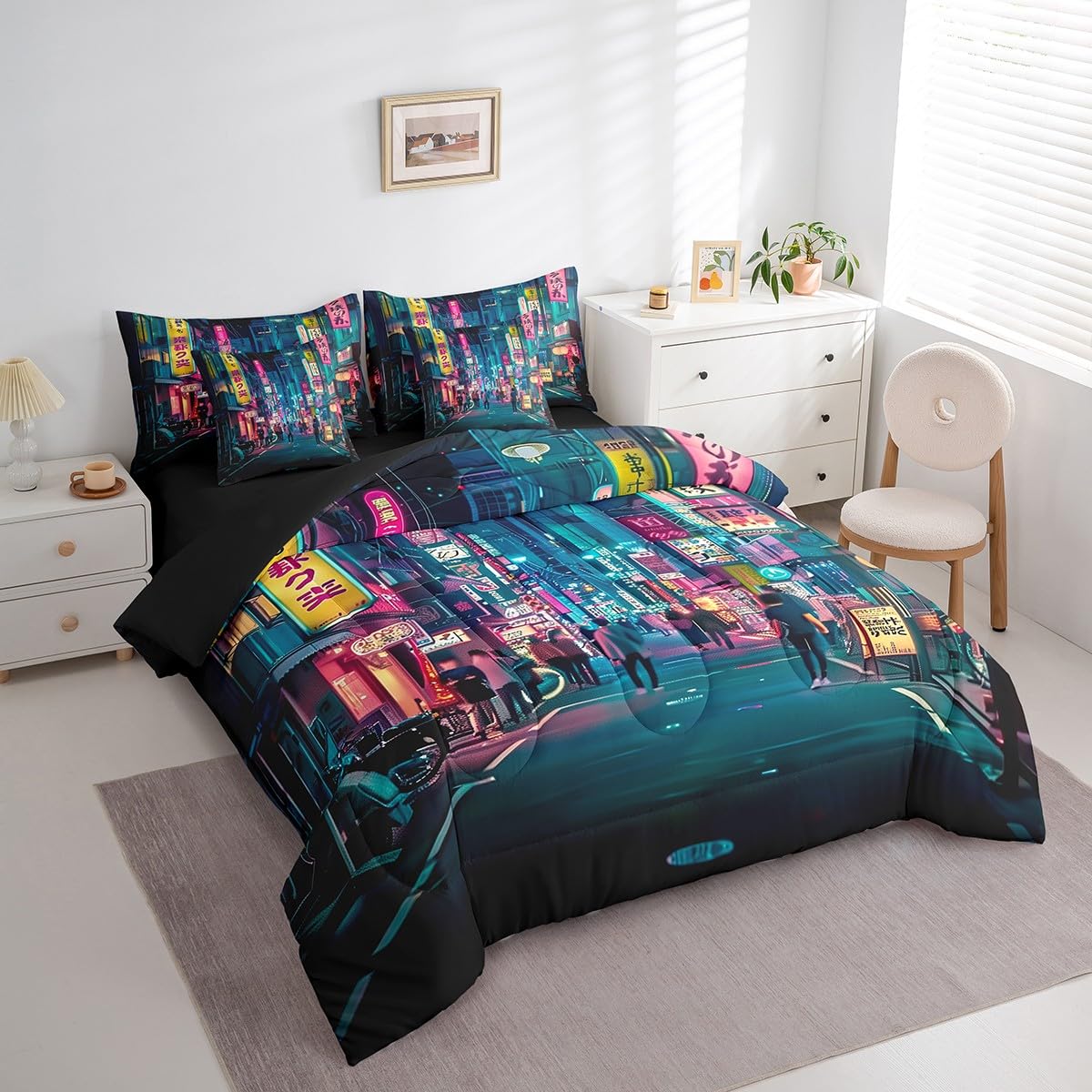 Feelyou Japanese Art Comforter Set 7 Pieces Full Size Tokyo Anime Bedding Set for Boys Girls Japan Night City Bed in a Bag with Comforter, Sheets, Pillowcases & Cushion Covers