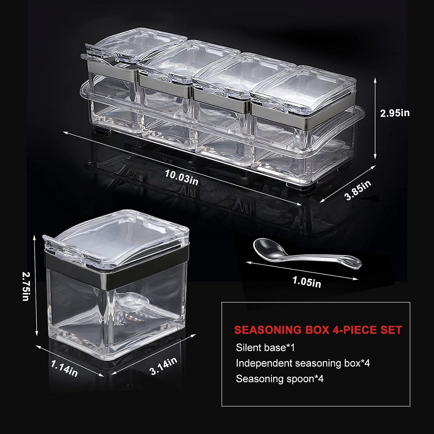 Acrylic Seasoning Box Set, 4 Piece Clear Premium Quality Storage Rack Spice Pots Condiment Jars for Salt Sugar Cruet Kitchen Organization Containers with Cover and Spoon