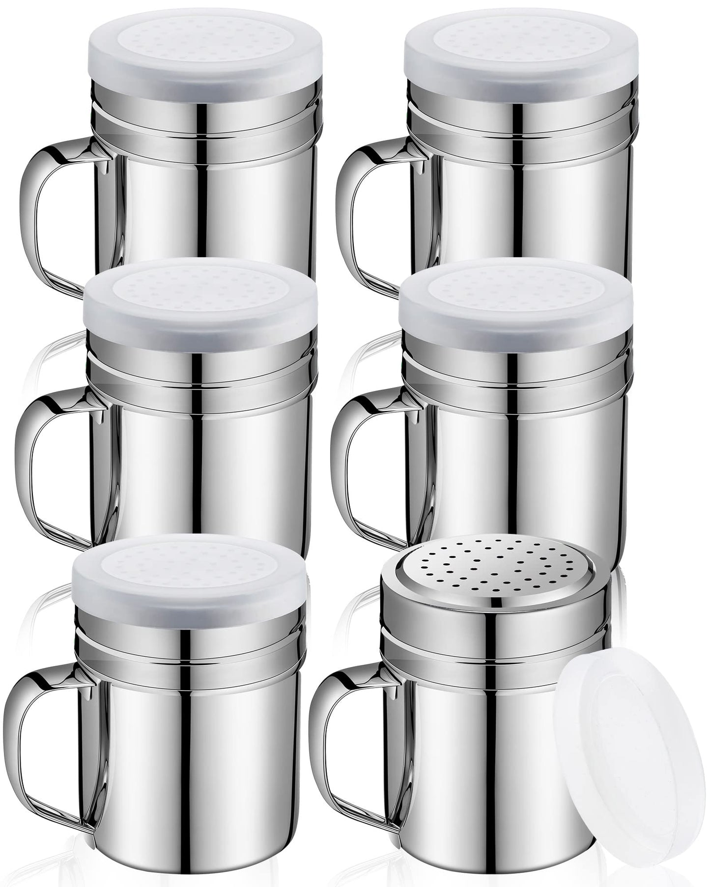 Lallisa 6 Pcs 10oz Stainless Steel Salt and Pepper Shakers with Lid and Handle Dredge Spice Seasoning Condiment Popcorn Salt Shaker Powder Sugar Flour for Cooking Kitchen Baking