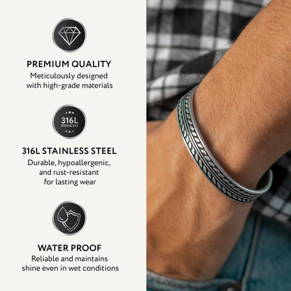 RTZN® Cuff Bracelet for Men – Premium Stainless Steel Mens Bangle Bracelets – Silver Mens Cuff Bracelet – Waterproof & Non-Tarnish Minimal Men Western Bracelet (Native Feather, Large)