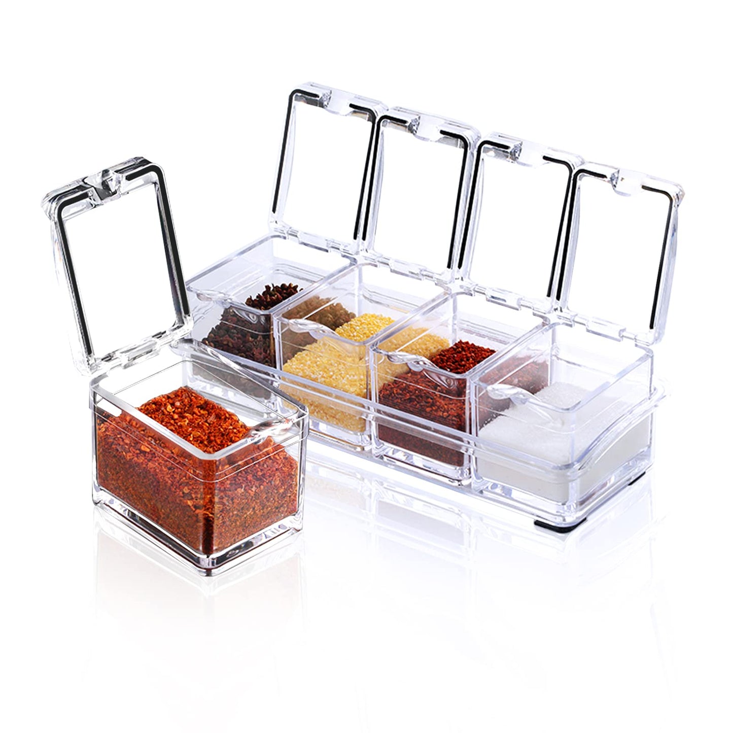ZGWJ Acrylic Kitchen Spice Pots, 4 Piece Clear Seasoning Box Set, Storage Container Condiment Jars for Spice Salt Sugar Cruet, Seasoning Rack Spice Pots with Cover and Spoon