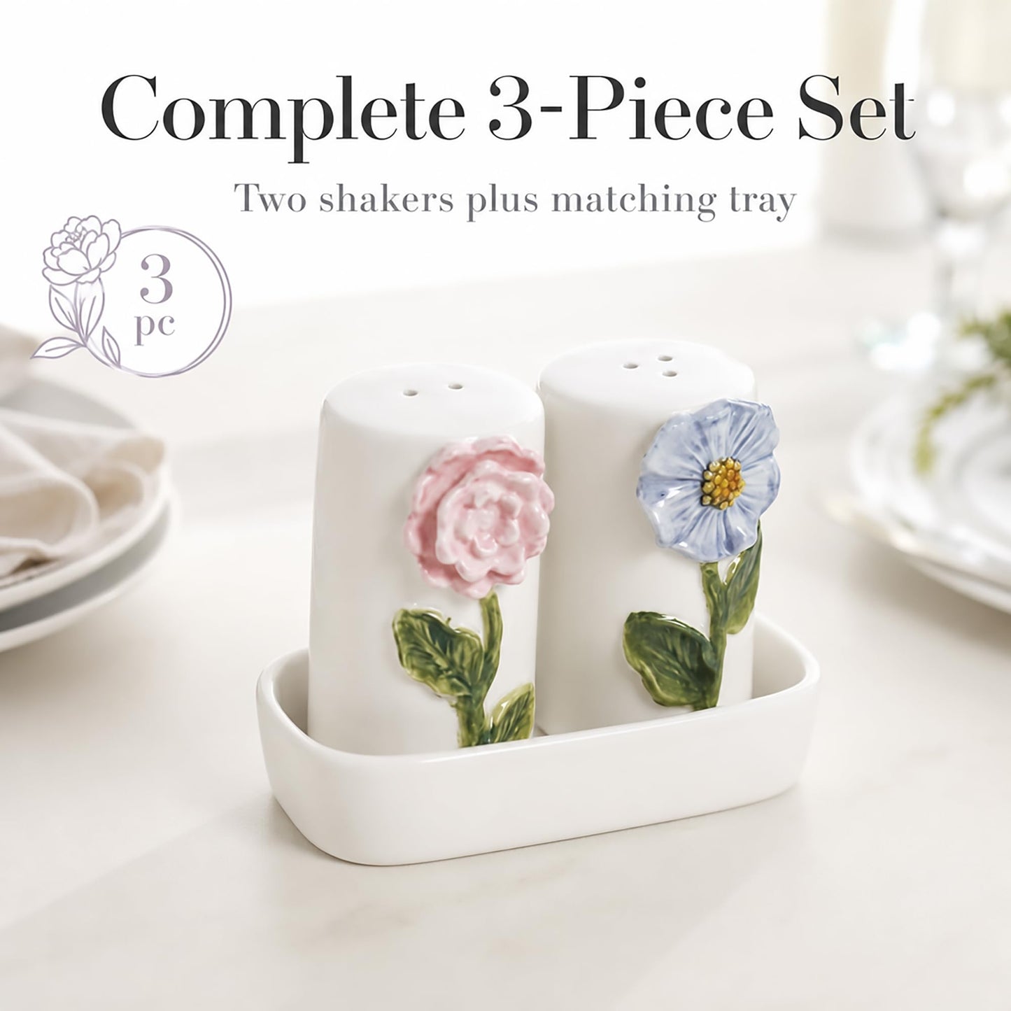 Mud Pie Stoneware Flower Salt And Pepper Shaker Set