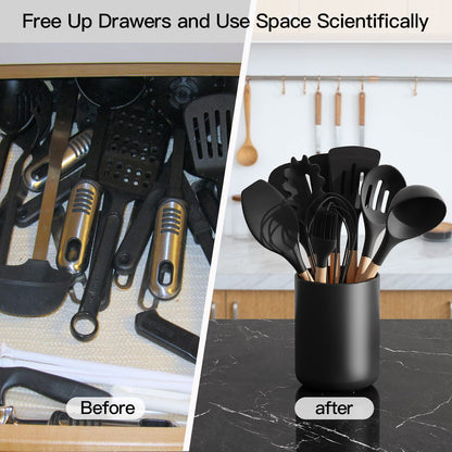 LATCHHOOK Matte Black Utensil Holder for Kitchen Counter, Ceramic Kitchen Utensils Holder for Countertop Easy to Clean, High 6.4” Modern Cooking Spatula Holder Crock for Home decor 4.5×6.4 In