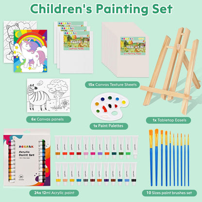 ACGASK 43 Pieces Acrylic Painting Kits for Kids,Non Toxic Arts Supplies and Paint Set for Kids with 6 Canvas Panels,24 Color Paints,15 Paper pad,Table Easels,10 Brushes Etc,Painting Kit Gift