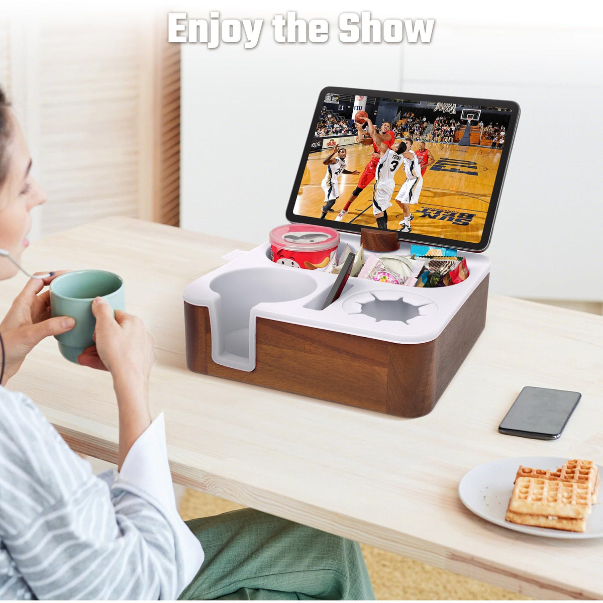 Couch Buddy Couch Cup Holder Tray, Real Acacia Wooden Caddy with Soft Silicone, Snack and Drink Organizer- Perfect Movie Night Accessories for Bed, Remote and Cup Holders for Sofa (White)