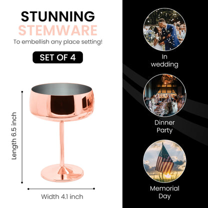 TMNOVO Cocktail Coupe Glasses, Espresso Martini Glasses Set of 4, Stainless Steel Champagne Cocktail Glasses & Mug Cups, 15 oz Mirrored Copper Martini Glass Gift Set