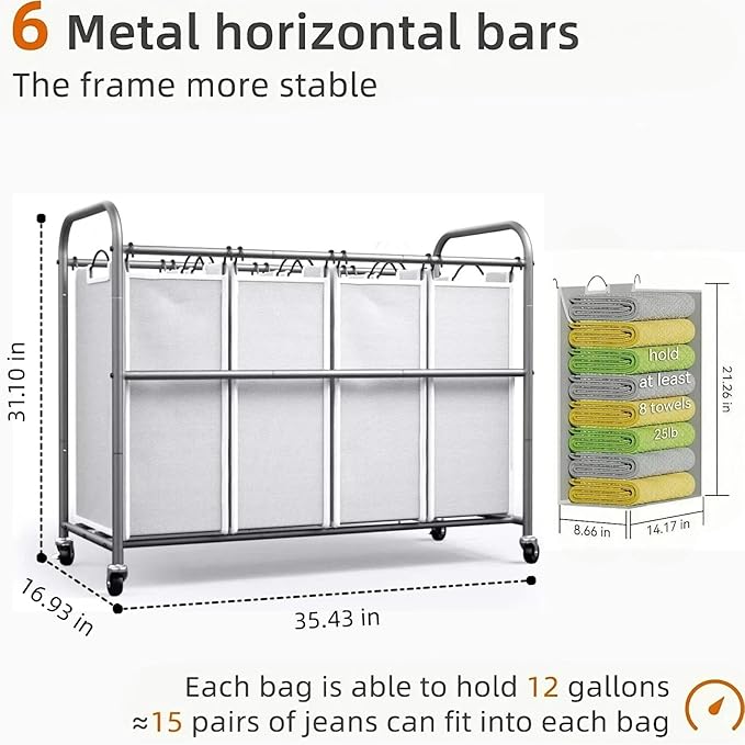 ROMOON Laundry Hamper Sorter Cart: 4-Section Organizer