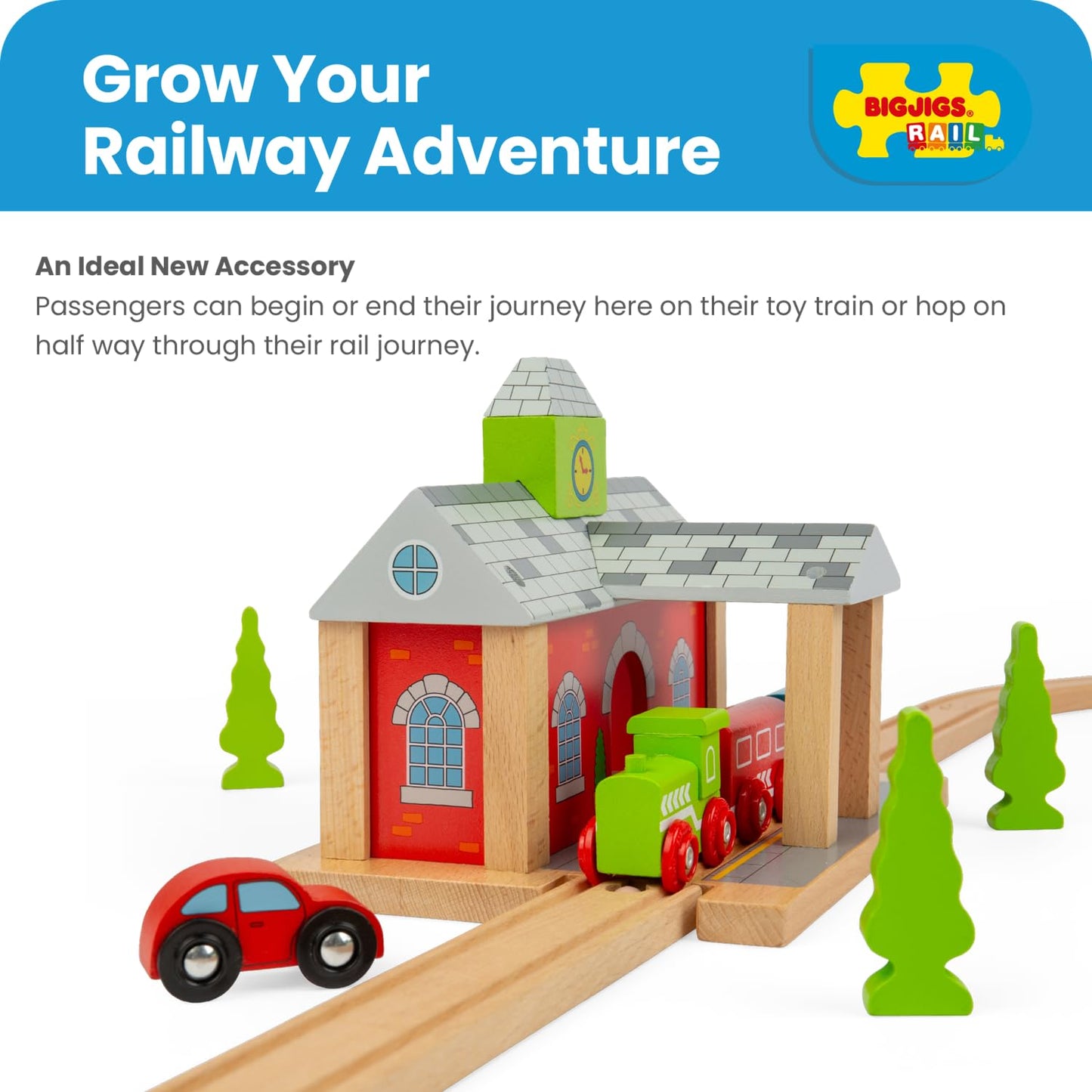 Bigjigs Rail Wooden Train Station | Accessories for Wood Railway Track Set | Toy Engine Parking Playset | Fun Gifts for 3+ Year Old Children | Kids Montessori Learning Tool