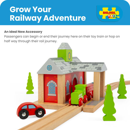 Bigjigs Rail Wooden Train Station | Accessories for Wood Railway Track Set | Toy Engine Parking Playset | Fun Gifts for 3+ Year Old Children | Kids Montessori Learning Tool