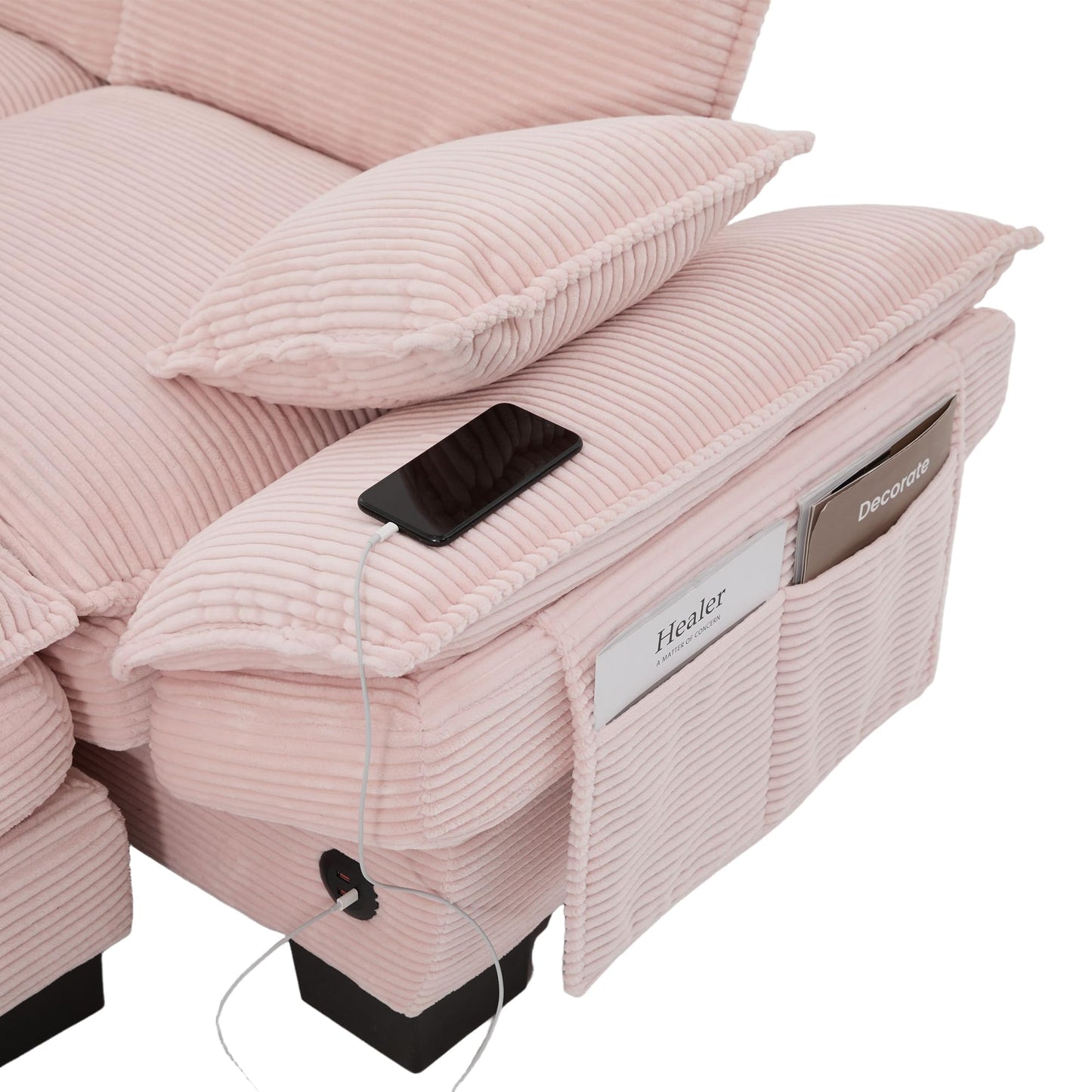 102" Oversized Cloud Modular Sectional Sofa with Movable Ottoman, Free Combination Convertible L Shaped Corner Couch Sets,Comfy Corduroy Upholstered Pink Sofa & Couch for Living Room