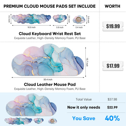JIKIOU Large Cloud Mouse Pad Waterproof with Cloud Keyboard Wrist Pad and Cloud Mouse Wrist Pad Set, Ergonomic Computer Desk Wrist Support Mousepad for Keyboard and Mouse 35.4x15.7in Marble Blue