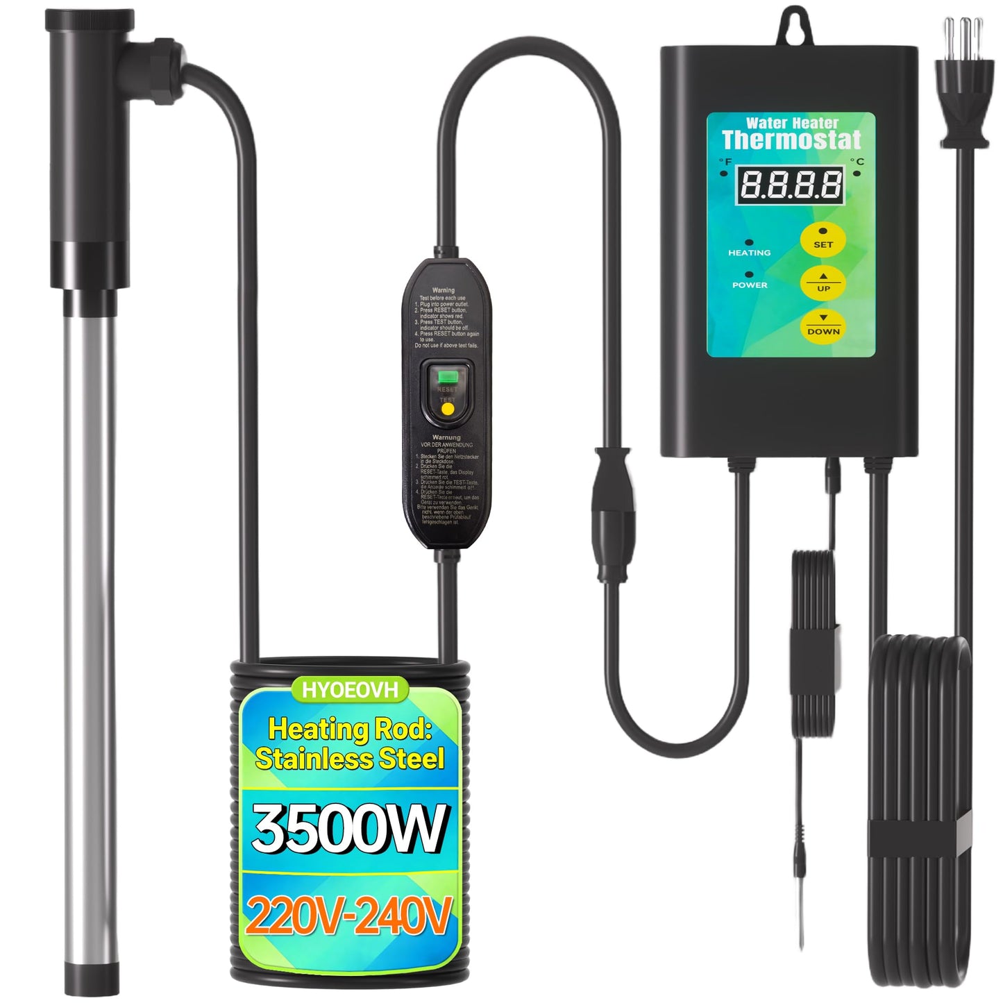 3500W Immersion Heater for Large Pool & Commercial Heater, Stainless Steel Submersible Immersion Heater with GFCI & Thermostat, for Large Above Ground Pool, Extra Large Stock Tank, Commercial Use